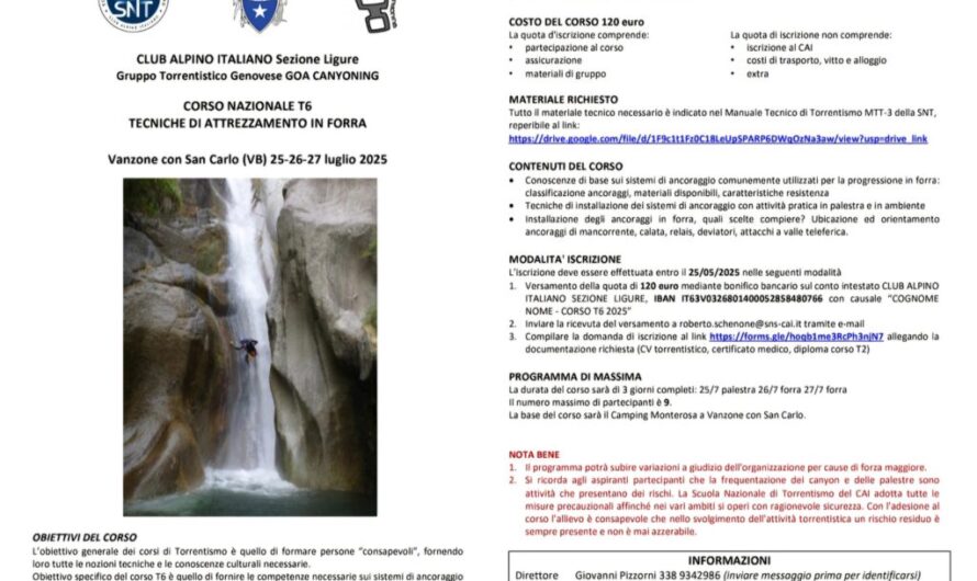 Corso Nazionale T6 – Tecniche di Attrezzamento in Forra